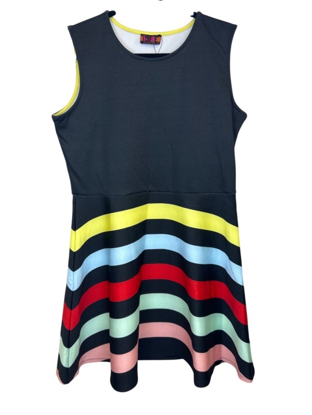 NWT Isle by Melis Kozan Women’s L Black Rainbow Stripe Fit Flare A Line Dress